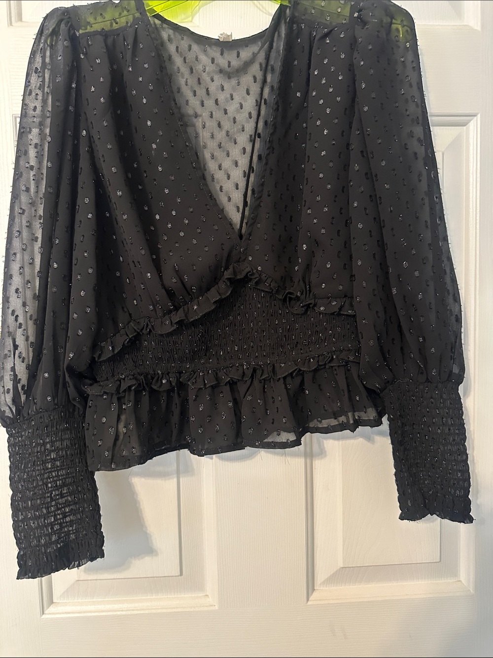Black Sheer Swiss Dot Smocked-Waist Blouse